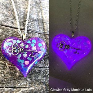 Purple Heart with Key Inside Glow in the dark necklace
